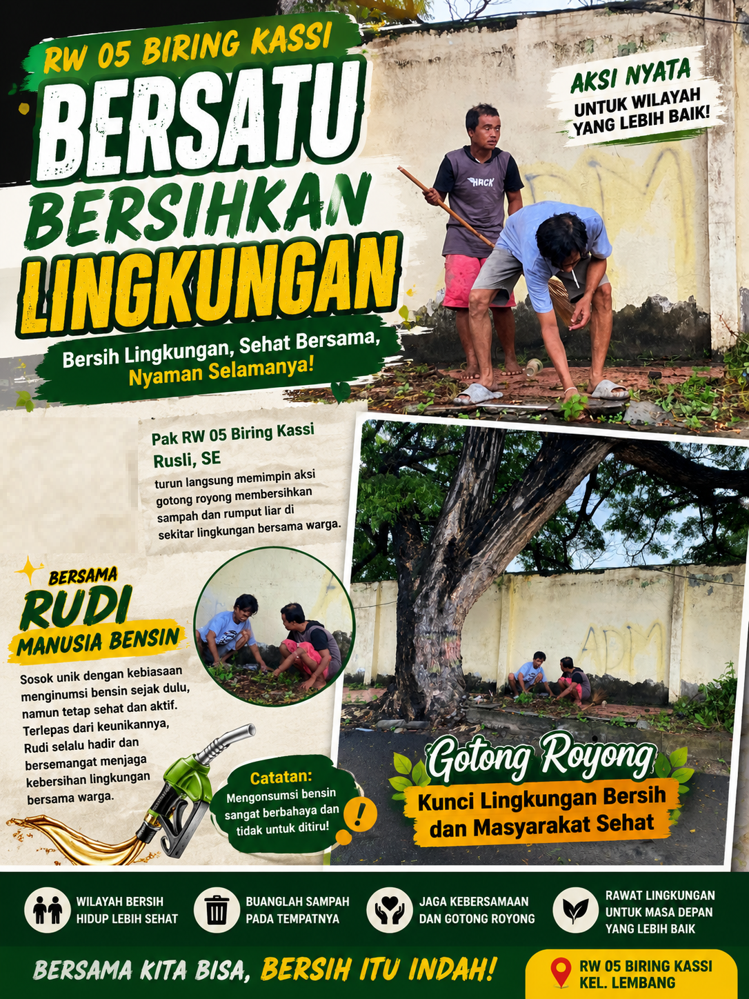 RW 05 Biring Kassi dan “Manusia Bensin” Bersatu Bersihkan Lingkungan, Warga Salut dengan Semangat Mereka
